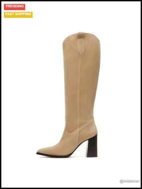 Faux Suede Knee High Boots Wide Calf Pointed Toe Chunky Heel Western